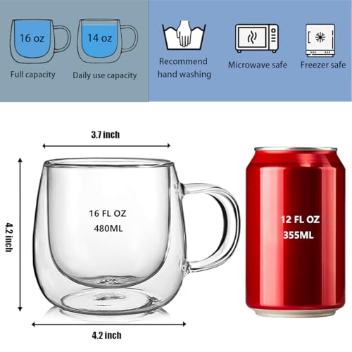 Double Wall Glass Coffee Mugs 16oz Set of 2 Insulated Clear Tea Cups with Handle, Perfect for Espresso, Latte and Cappuccinos - color: 16OZ-SET OF 2