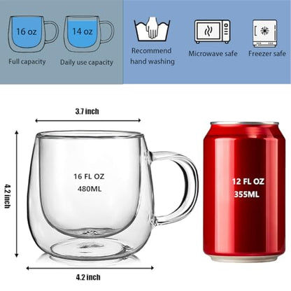 Double Wall Glass Coffee Mugs 16oz Set of 2 Insulated Clear Tea Cups with Handle, Perfect for Espresso, Latte and Cappuccinos - color: 16OZ-SET OF 2