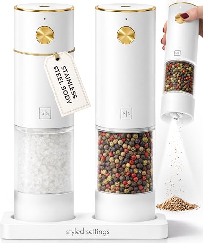 Styled Settings Rechargeable White Electric Salt and Pepper Grinder Set | Automatic Salt and Pepper Shaker Set with USB-C Port, LED Light, Adjustable Coarseness, One Touch Control, Stainless Steel - color: White