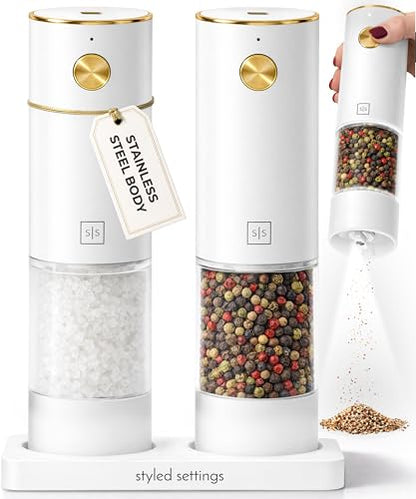 Styled Settings Rechargeable White Electric Salt and Pepper Grinder Set | Automatic Salt and Pepper Shaker Set with USB-C Port, LED Light, Adjustable Coarseness, One Touch Control, Stainless Steel - color: White