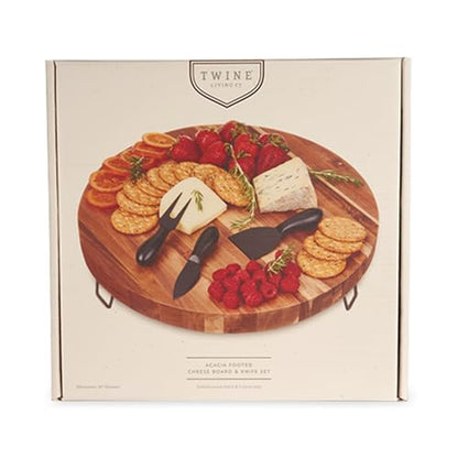 Twine Acacia Cheese Board and Knife Set, Footed Cheese Snack Tray and Cheese Knives Set Cooking Accessories, 16inch Diameter - style: Footed Board and Knife Set