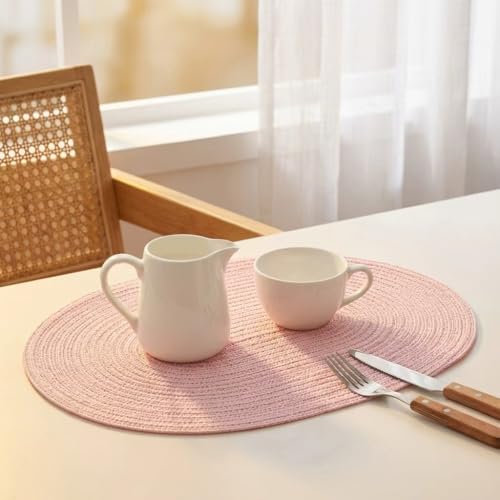 Placemats Set of 6, Woven Oval Braided Dining Table Mats(Blush Pink) | 12 x 17.5 Inch Size Fits Plates and Flatware; Hand Washable and Heat Resistant for Kitchen Use, with Farmhouse and Boho Style - color: Solid Pink, size: 6 pcs