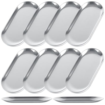 10PCS Stainless Steel Serving Tray Set Silver Platters for Serving Food Extra Small Metal Trays Decorative 7" Long Plate Oval Storage Tray Thickened Serving Dishes for Party Buffet Sushi Snack