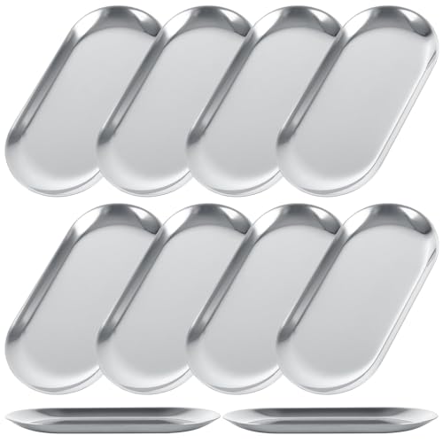 10PCS Stainless Steel Serving Tray Set Silver Platters for Serving Food Extra Small Metal Trays Decorative 7" Long Plate Oval Storage Tray Thickened Serving Dishes for Party Buffet Sushi Snack