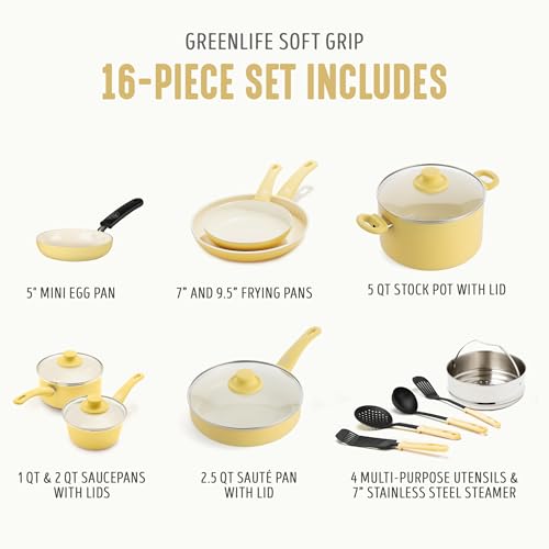 GreenLife 16 Piece Ceramic Nonstick Pots & Pans Cookware Set, Yellow | PFAS-Free Nonstick Coating, Stockpot, Frying Pans, Saucepans, Sauté Pan, Stay-Cool Handles, Dishwasher & Oven Safe up to 350F - color: Yellow, style: Soft Grip