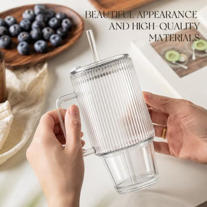 KEMORELA 24oz Ribbed Glass Cups with Lids and Straws,Glass Tumbler with Handle,2 set–Reusable Glass Ice Coffee Cups with Lid and Straw for Smoothies,Tea,Juice,Boba Cup for Cold & Hot Drinks,Travel Cup