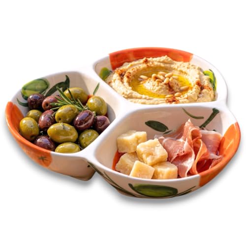 3-Compartment Ceramic Serving Dish, Handmade in Spain | 7.5” divided chip and dip bowl with lead-free glaze, microwave, oven and dishwasher safe, ideal for tapas, snacks and sauces - color: Orange Glow