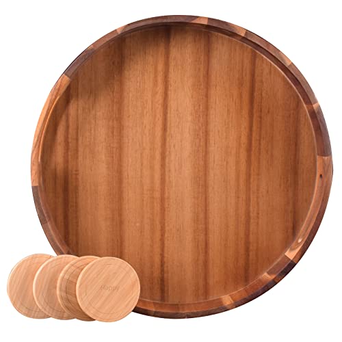 Large Round Wood Serving Tray, Wooden Trays with Handles for Ottoman Table, Vintage Acacia Tray Circle Wood Tray for Indoor Outdoor Organization and Decoration, Including 4 Round Wooden Coasters - color: 15.75" Round Tray - Acacia