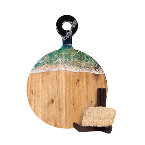 Acacia Wood Serving Board with Ocean Resin Art, 18.1" x 13" Charcuterie Cheese Tray for Display & Prep, Cutting Board on Back, Includes Stand & Loofah, Christmas Housewarming Gift (Round) - color: Round Cutting Board, size: Large
