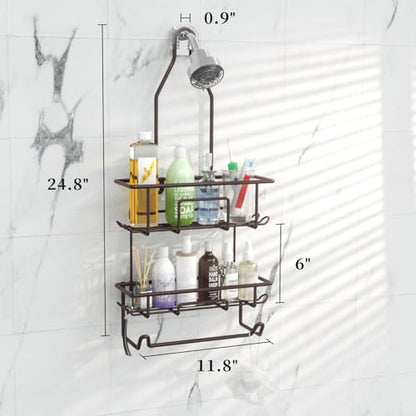 Shower Caddy Hanging over Shower Head Rust Roof Shower Organizer with 10 Hooks for Razor Shampoo Holder Bathroom Shower Rack Storage Shelf with Towel Bar – Bronze