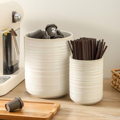 HASENSE Cooking Utensil Holder, 7.4"+5.5" Ceramic Kitchen Utensil Holder for Counter, Rustic Utensil Oganizer Crocks for Spatula, Ice Bucket Gift for Dad, Set of 2, Clay-Infused White - color: Clay-Infused White(2 pcs)