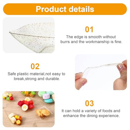 200 Pcs Mini Appetizer Plates Dessert Cups Set, Plastic Party Trays | Disposable Tasting Serveware for Weddings Events Birthday, Gold,6 Shapes with 50 Spoons 50 Forks 100 Plates,Lightweight