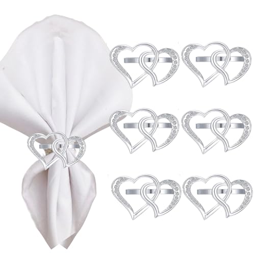 6 Set Valentine's Day Heart Napkin Rings, Metal Double Heart Shape Napkin Ring Holder Buckles for Valentine's Day Wedding Anniversary Birthday Party Table Decoration Supplies (Silver, M) - color: Silver