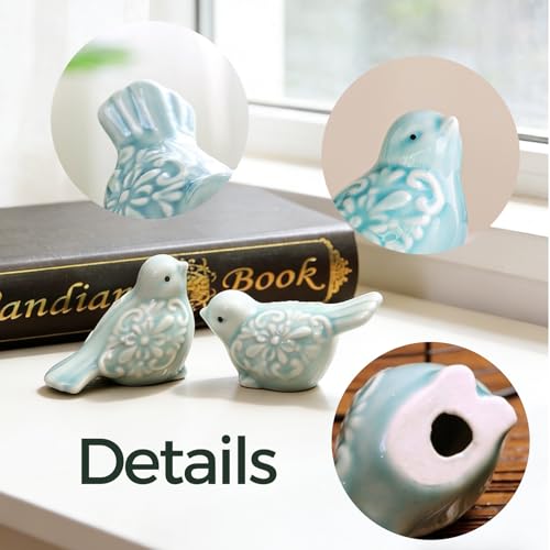 Ceramic Green Bird Figurines Set of 2, Hand-Painted Decorative Bird Statues for Shelves Cabinet Home Office Decor