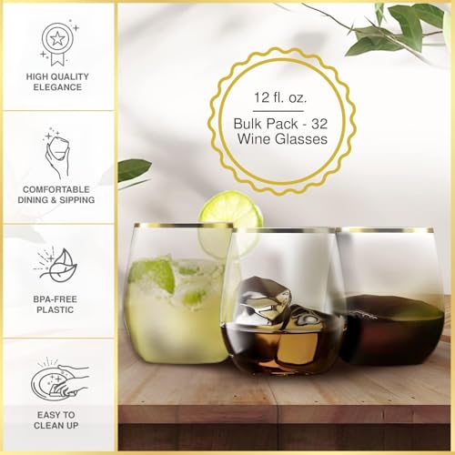32 Pack Stemless Plastic Wine Glasses Disposable 12 Oz Rose Gold Rim - Shatterproof Recyclable and BPA-Free, Stylish Drinkware for all Beverages, Cocktail Parties, Wedding Reception - color: Clear / with Rose Gold Rim