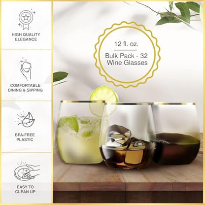 32 Pack Stemless Plastic Wine Glasses Disposable 12 Oz Rose Gold Rim - Shatterproof Recyclable and BPA-Free, Stylish Drinkware for all Beverages, Cocktail Parties, Wedding Reception - color: Clear / with Rose Gold Rim