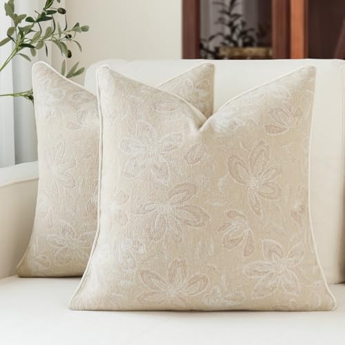 MATTINS 24x24 Vintage Floral Patterned Throw Pillow Covers, Beige, 2PC | Farmhouse Decorative Pillow Covers, Country Botanical Jacquard Design, Cottage Boho Accent for Sofa, Bed, and Living Room - color: Beige, size: 24" x 24" (Pack of 2)