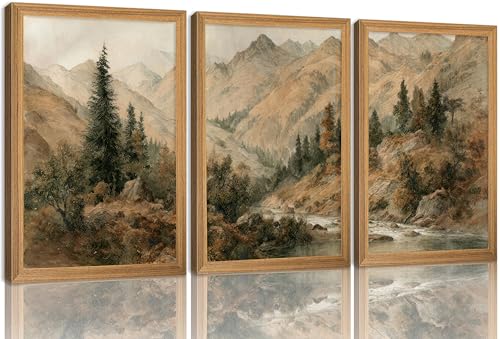 Framed Vintage Mountain River Wall Art Set, Autumn Range Landscape Oil Painting Canvas Prints, Rustic Farmhouse Pine Wall Decor, Natural Scenery Poster Artwork for Living Room Bedroom Office - color: Autumn Lakes, size: 24"Lx16"W