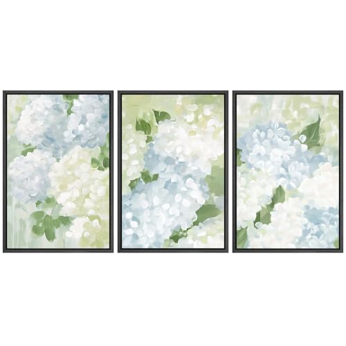 SIGNFORD Framed Canvas Print Wall Art Set Soft Hydrangea Floral Subtle Blue and Green Hues Illustrations Modern Art Relax/Calm for Living Room, Bedroom, Office - 16"x24"x3 Black - color: A06-2507-m02, size: 16"x24"x3 Panels Black