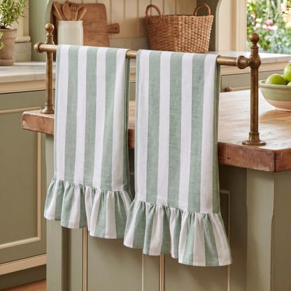 Sage Green Striped Kitchen Towels Set of 2, 100% Cotton Ruffled Striped Dish Towels 18"x31" Absorbent Tea Cloths Classic Pattern for Farmhouse Charm, Drying Dishes, Entertaining Guests - color: Green