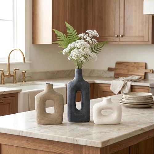 DREAMLOOM Ceramic Vase Set of 3, Black | Square Cutout, Farmhouse Rustic, Wabi-Sabi, Home Decor, Living Room Bedroom Kitchen Shelf Centerpiece - color: Antique Black Combo - Hollow Design