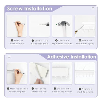 VIS'V Key Holder Wall Mount, Adhesive Key Rack with Tray, 6 Hooks, White | 2 Mount Options, Compact Discreet Design, Suitable for Entryway, Hallway, Doorway, Kitchen, Garage, Camper - color: White