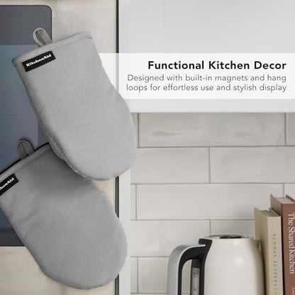 KITCHENAID Gourmet Series Gridlines Mini Oven Mitts 2-Pack Set, Heat Resistant up to 600°F, Soft Silicone Grip, Magnetic Cuff, Matte Grey, 5.5"x9" - color: Matte Grey