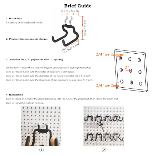 6 Pack Pegboard Hooks - Peg Board Tool Utility Hooks & Hangers (S) | Fit 1/4" Pegboards, Heavy Duty Metal Peg Board Shelving Tool Hooks Wall Organizers and Storage for Garage Craft Workbench