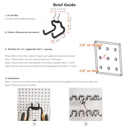 6 Pack Pegboard Hooks - Peg Board Tool Utility Hooks & Hangers (S) | Fit 1/4" Pegboards, Heavy Duty Metal Peg Board Shelving Tool Hooks Wall Organizers and Storage for Garage Craft Workbench