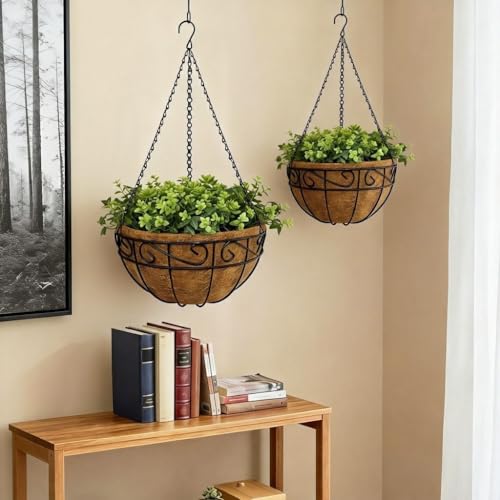 10 Inch Hanging Baskets for Plants Outdoor, 2 Pack Metal Wire Hanging Planters with Coco Coir Liners, Rust-Resistant Flower Basket with Chains & Hooks for Garden Patio Porch Deck Balcony - size: 10IN-2PCS