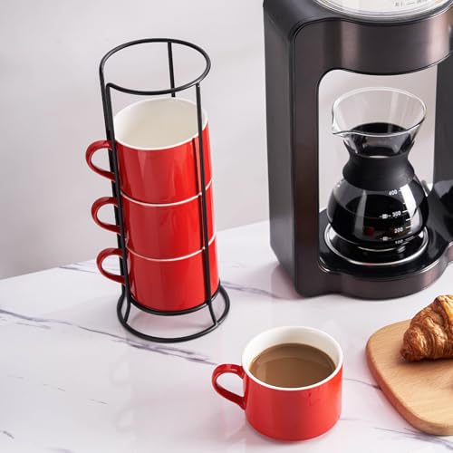 10oz Porcelain Stackable Coffee Mugs and Metal Stand Set of 4, Espresso Cups Set for Hot Drinks, Cappuccino, Tea-Red - color: Red