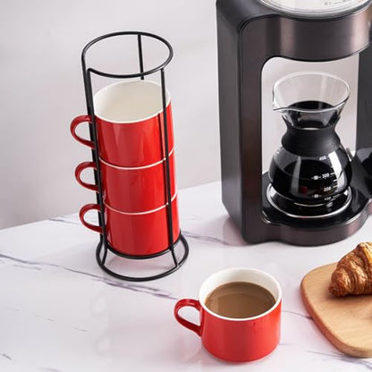 10oz Porcelain Stackable Coffee Mugs and Metal Stand Set of 4, Espresso Cups Set for Hot Drinks, Cappuccino, Tea-Red - color: Red