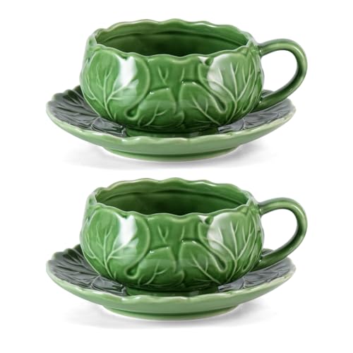 KAMMAK Tea Cups and Saucers Set of 2, 10 oz Porcelain Coffee Cups, SY008 | Stackable Espresso Mugs, Ceramic Demitasse for Coffee, Cappuccino, Latte, Americano, Tea - size: 8CZSY008