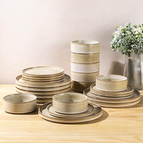 AmorArc Ceramic Dinnerware Sets for 8,24 Piece Plates and Bowls Sets Dishes | Stoneware Handmade Reactive Glaze Dishes Set | Highly Chip and Crack Resistant | Dishwasher & Microwave Safe - color: Cappuccino, size: Service for 8