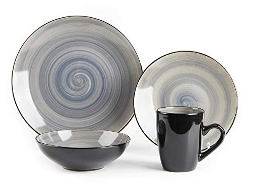 HomeVss Sonoma 16 Piece Stoneware Dinner Set, Samoa, Outside Black + Inside Hand painted Combi Colors of Grey, Orange, Purple and Turquoise) with speckle - color: Combi Grey, Orange, Purple and Turquoise