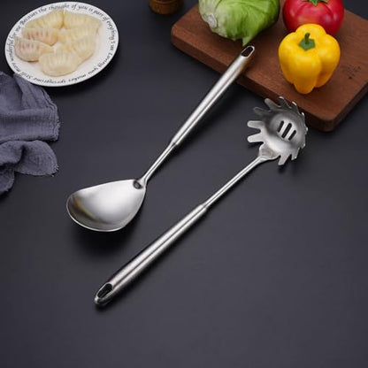 6 PCS All Metal Cooking Utensils Set - 18/10 Stainless Steel Kitchen Tools | Professional Cooking Spoons Set, 15" Spatula, Ladle, Skimmer Spoon, Pasta Serve, Large Spoon, Slotted Spatula Turner - color: 6-Pieces