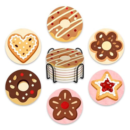 Sweet Dessert Ceramic Coasters with Holder Set of 6 | Donut Cookie Absorbent Drink Cup Mat for Coffee Table Protection, 4'' Bakery Cafe Home Kitchen Decor Housewarming Gifts