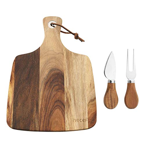 hecef Cheese Board set of 3,a Acacia Wood Cheese Plate, a Knife, a Fork, Charcuterie Board Platter Slate Serving Set for Appetizer Birthdays, Weddings, Housewarming (Cheese board with 2 knives) - size: Medium