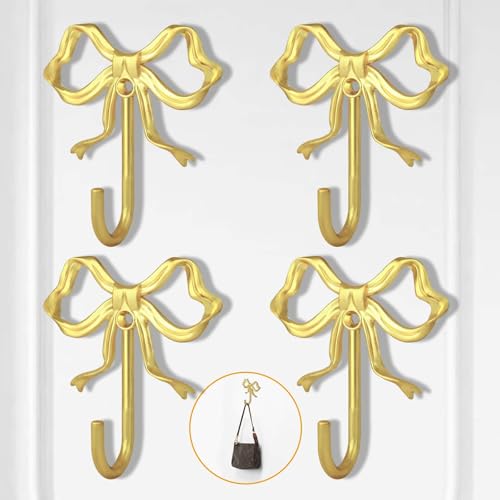 4 PCS Large Size Gold Bow Wall Hook, Gold Coat Hook, Metal Hooks, Bow Room Decor Hooks for Coats, Hats, Bags, Bath Towels and Girls Room Decor - color: Gold, size: 4Pcs-Large