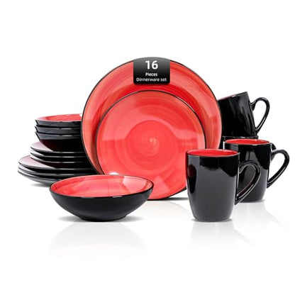 HomeVss Sonoma 16 Piece Stoneware Dinner Set Red, Outside Black + Inside Handpainted Color Red with speckle - color: Red