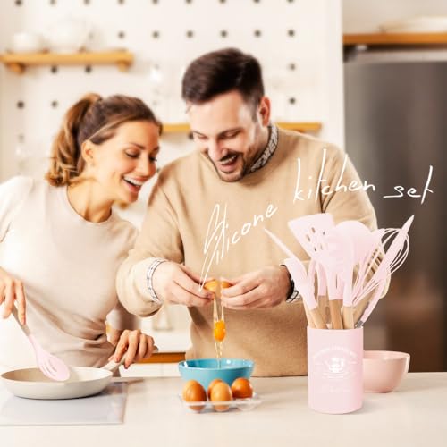Kitchen Utensils Set Silicone Kitchen Utensils Set with Wooden Handle Utensils for Cooking Heat Resistant Silicone Non-Stick Cookware BPA FREE (Pink) - color: Pink