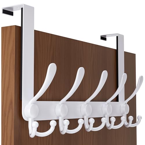 SKOLOO Over The Door Hook - for Doors up to 1-3/4'' Thickness, Metal Door Hanger with 5 Triple Hooks, Over The Door Hanger for Coats, Hats,Towels, White, Assembly Required - color: White, size: 1 Pack