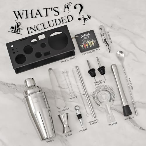 Bartender Kit Cocktail Shaker Set with Stand 17-Piece Bar Tool Bar Set for Drink Mixing Home Bartending Kit Bar Cart Accessories: Martini Shaker, Mixer Spoon, Jigger, Muddler, Strainer & Recipes Gifts - color: Black Silver - 17pcs