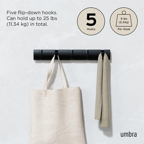 Umbra Flip Coat Rack, Wall Mounted 5-Hook Space Saving, Black/Black | Real wood and steel build, retractable hooks fold flat, holds coats bags and scarves, easy install - color: Black/Black, size: 5-Hook
