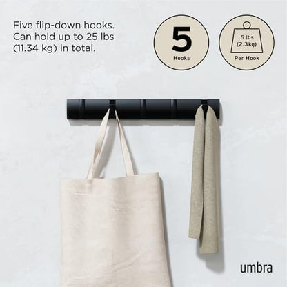 Umbra Flip Coat Rack, Wall Mounted 5-Hook Space Saving, Black/Black | Real wood and steel build, retractable hooks fold flat, holds coats bags and scarves, easy install - color: Black/Black, size: 5-Hook