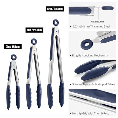 Doosu 600°F Heat Resistant Kitchen Tongs for Cooking with Non-Scratch Silicone Tips (7+9+12in, Navy Blue) & 3-Piece Silicone Spatula Set Food Grade Baking Supplies Cooking Tools (Black+Lake Blue+Aqua)