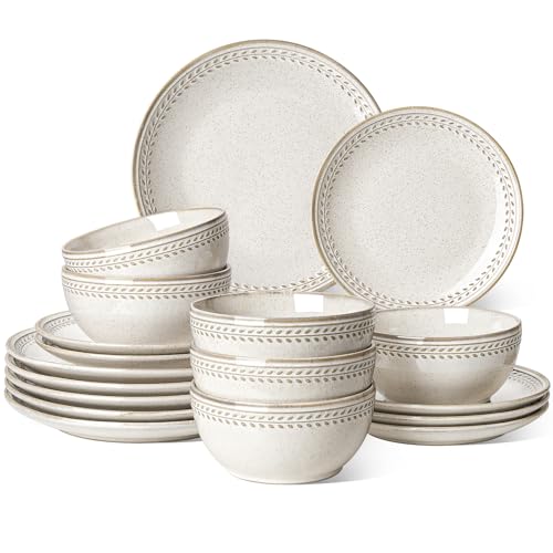 LE TAUCI Dinnerware Sets for 6, 18 Piece Plates and Bowls Sets, Ceramic Kitchen Dish Set, Chip Resistant, Microwave & Dishwasher Safe, Reactive Glaze Beige (8"&10" Plate, 27oz Bowl) - size: 6 Set(18pcs)