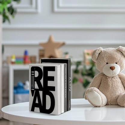 5.3"x4.3"x7.9" Metal Bookends, Heavy Duty Book Ends for Shelves | Read Theme Cast Iron Book Supports, 1 Pair Decor Stoppers for Desk, Library, Office & Home Shelves - style: Read