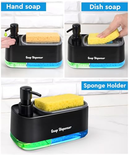 5-in-1 Kitchen Soap Dispenser Set with Sponge Holder - Dual Hand & Dish Soap Pump Dispenser for Sink Countertop with 2-Packs Natural Loofah Dish Sponge Dishwashing Scrubber,Black - color: Black(n5-in-1)