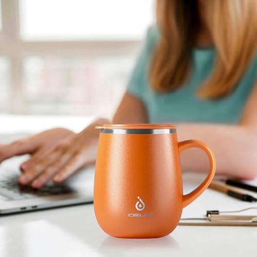 Ideus 16 oz Insulated Coffee Mug with Handle and Lid, Double Wall Stainless Steel Vacuum Thermal Coffee Mug, Travel Coffee Cup Thermal Cup for Home and Office (Orange Tiger 2.0, FUJI DAWN) - color: Orange Tiger 2.0